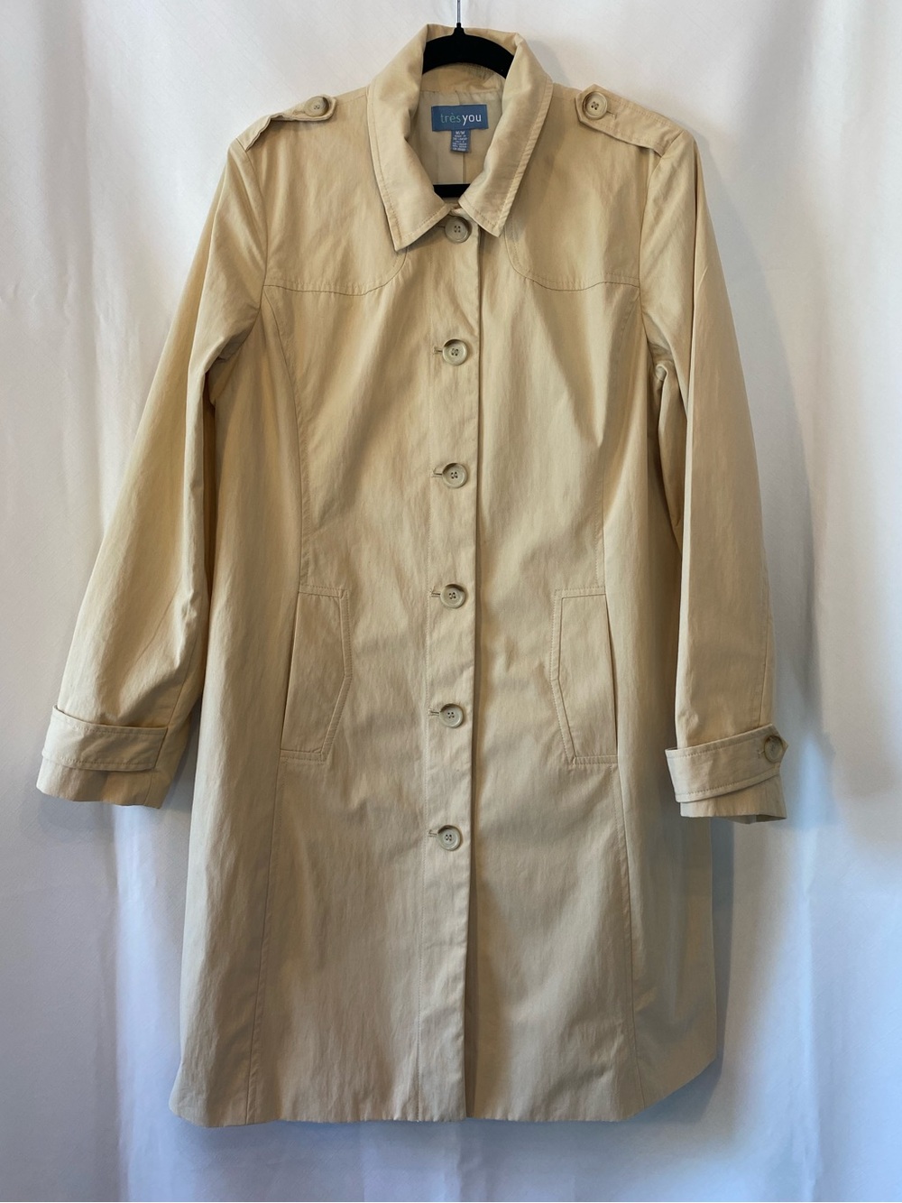 Women's Neutral Tan Knee Length Trench Coat MD Button Front Shoulder Epaulettes